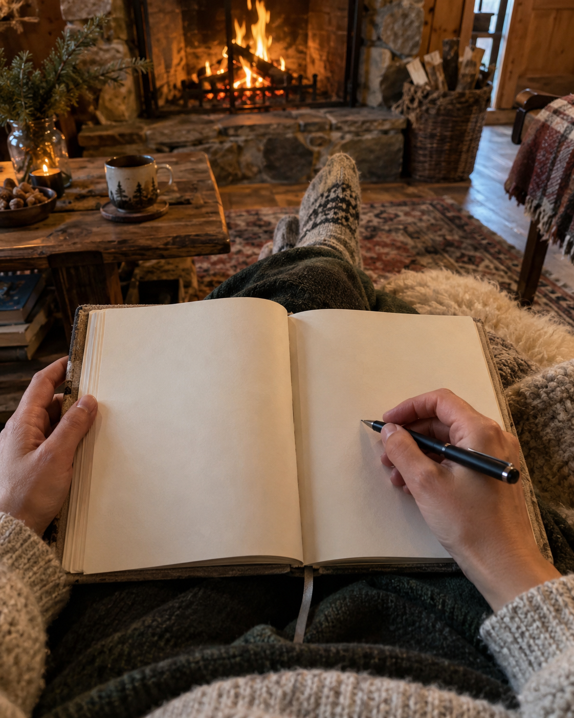 Hands resting on a journal on a lap, with wool socks and firelight beyond