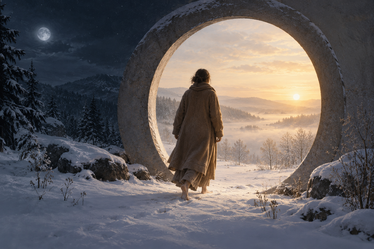 Symbolic artwork: a figure crosses a circular opening from snowy blue night towards winter dawn
