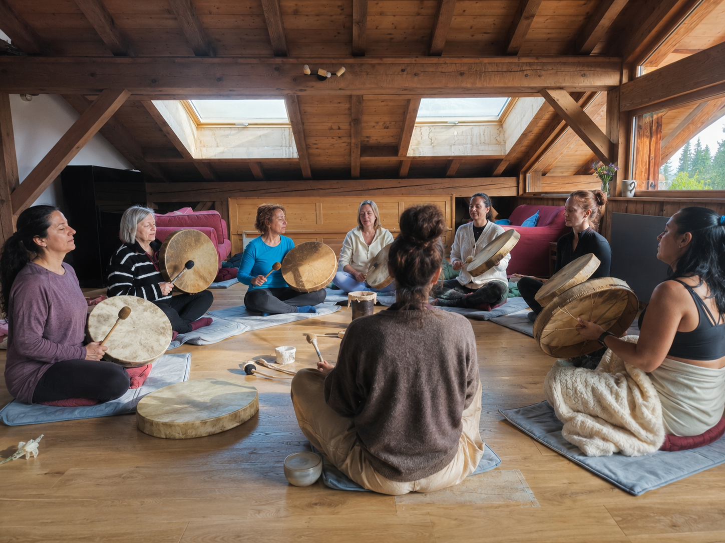 Participants sharing a drumming circle at a previous Insight Aware retreat